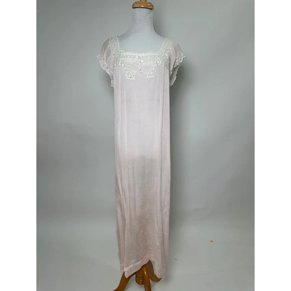 Vintage 1920s Pink Silk Nightgown White Lace Antique Flapper Lingerie Dress - Picture 4 of 10